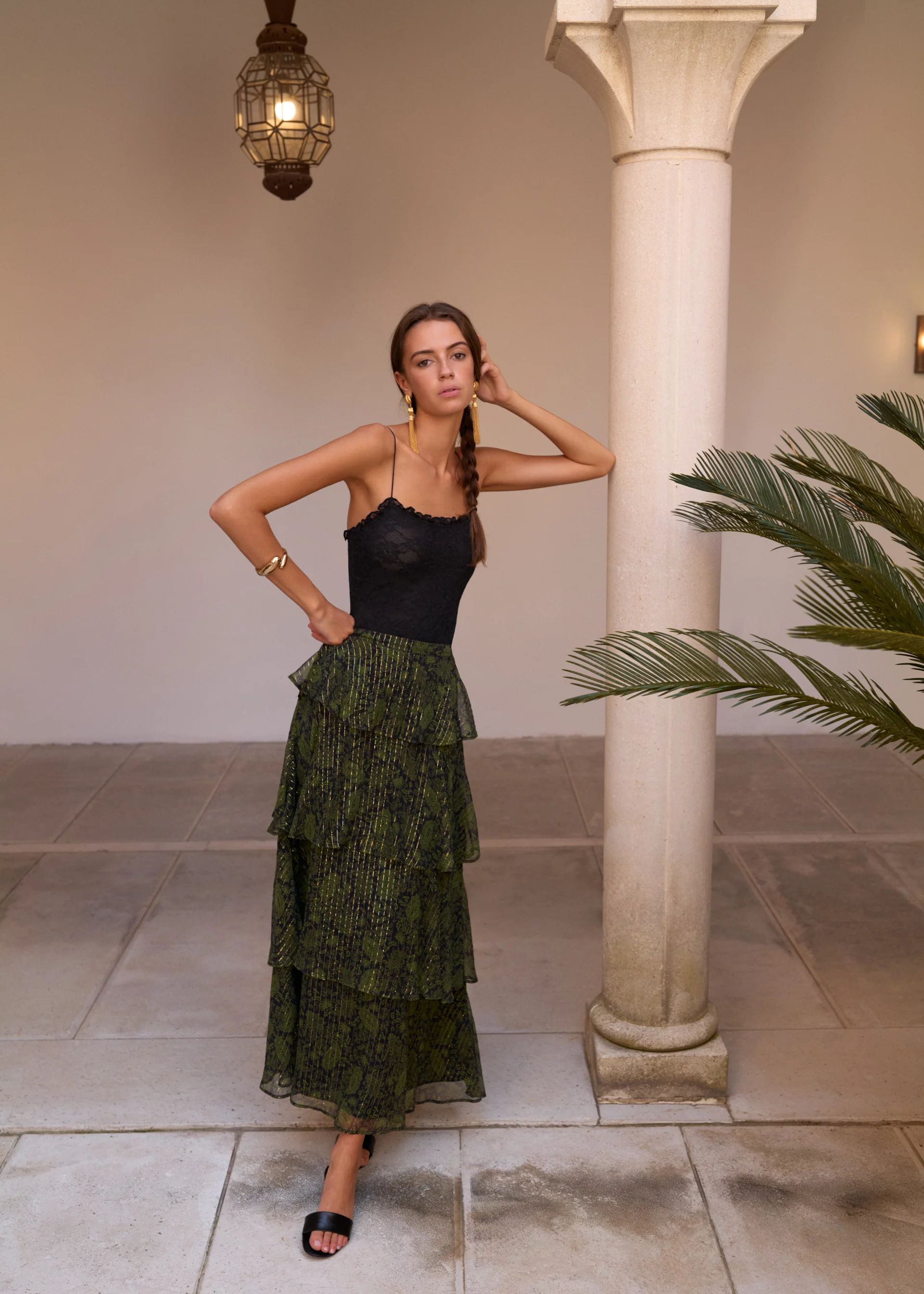 Gaia Metallic Chiffon Tiered Maxi Skirt Forest Paisley