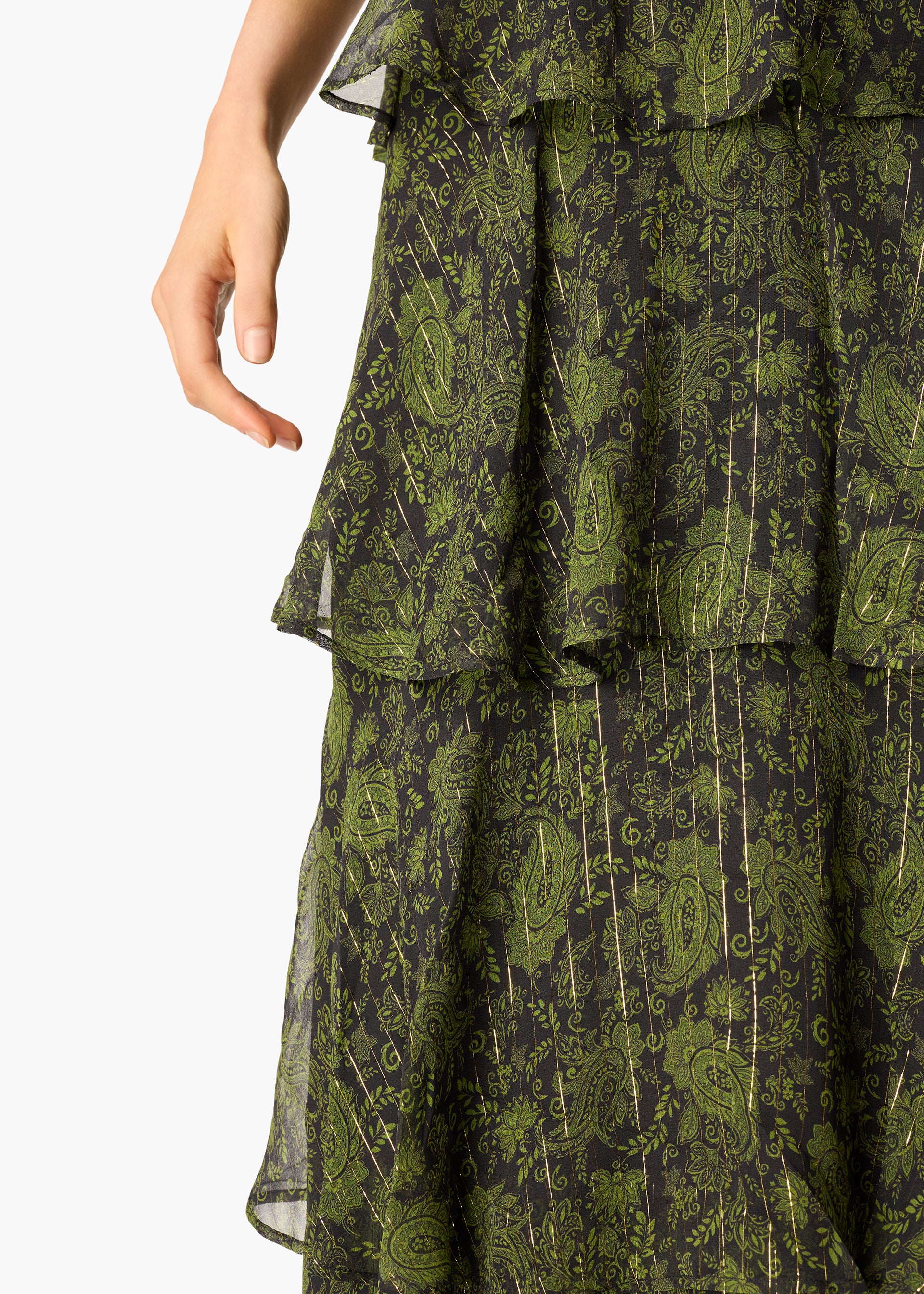 Gaia Metallic Chiffon Tiered Maxi Skirt Forest Paisley