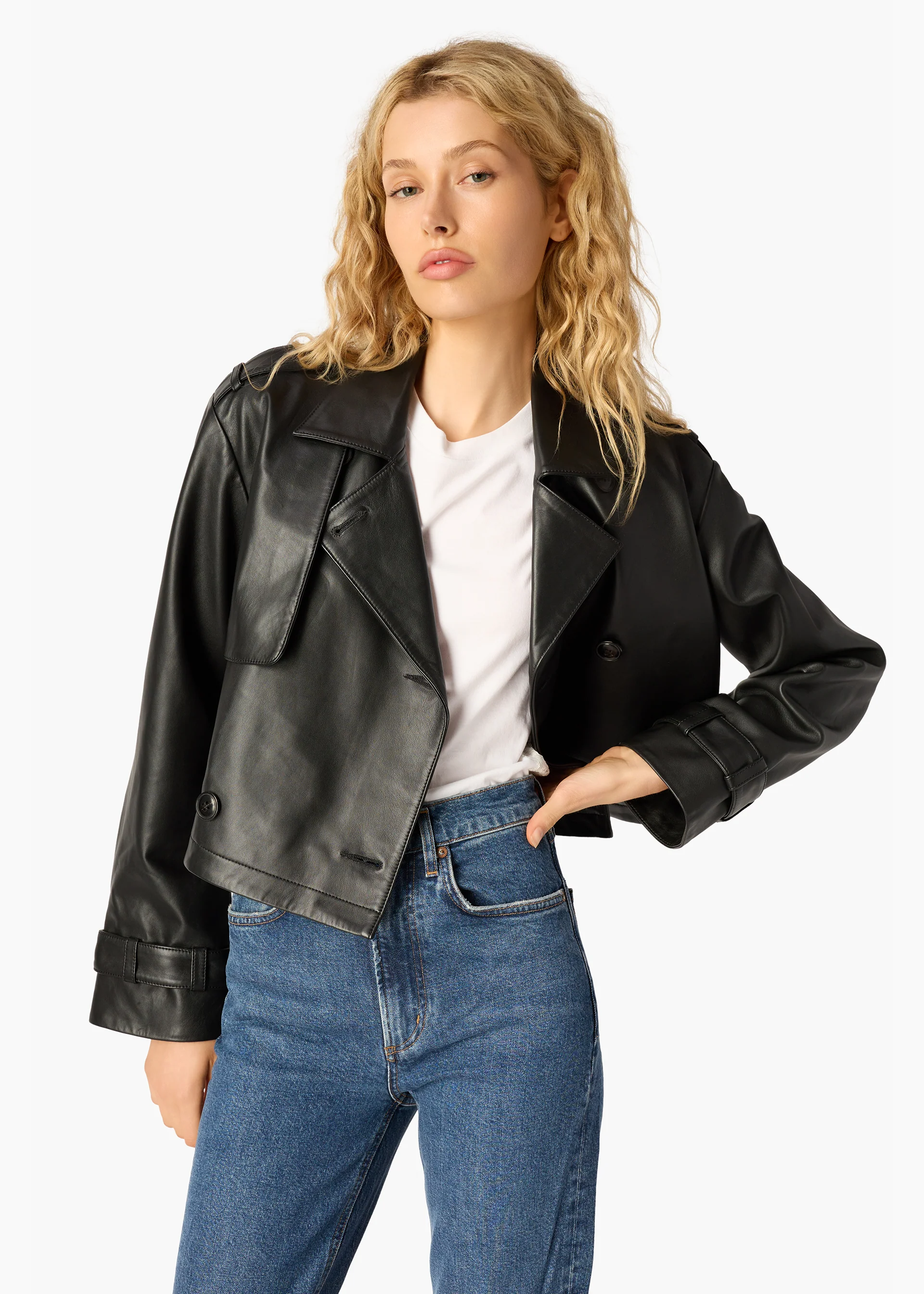 Saskia Genuine Leather Cropped Trench Black