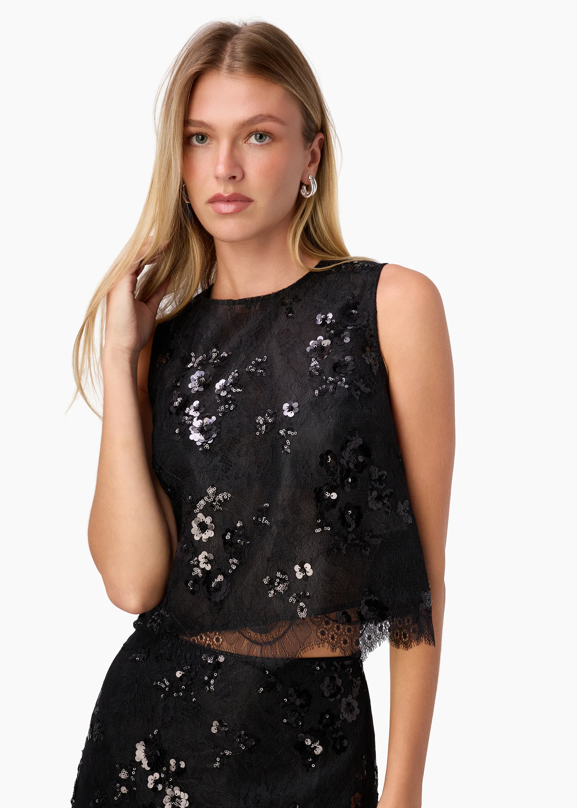 Aracely Sequin Lace Cropped Top Black