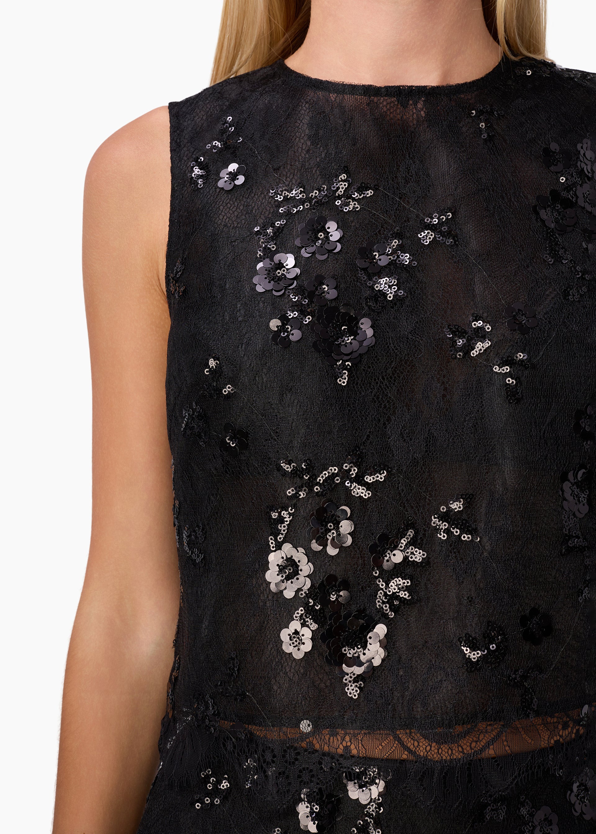 Aracely Sequin Lace Cropped Top Black