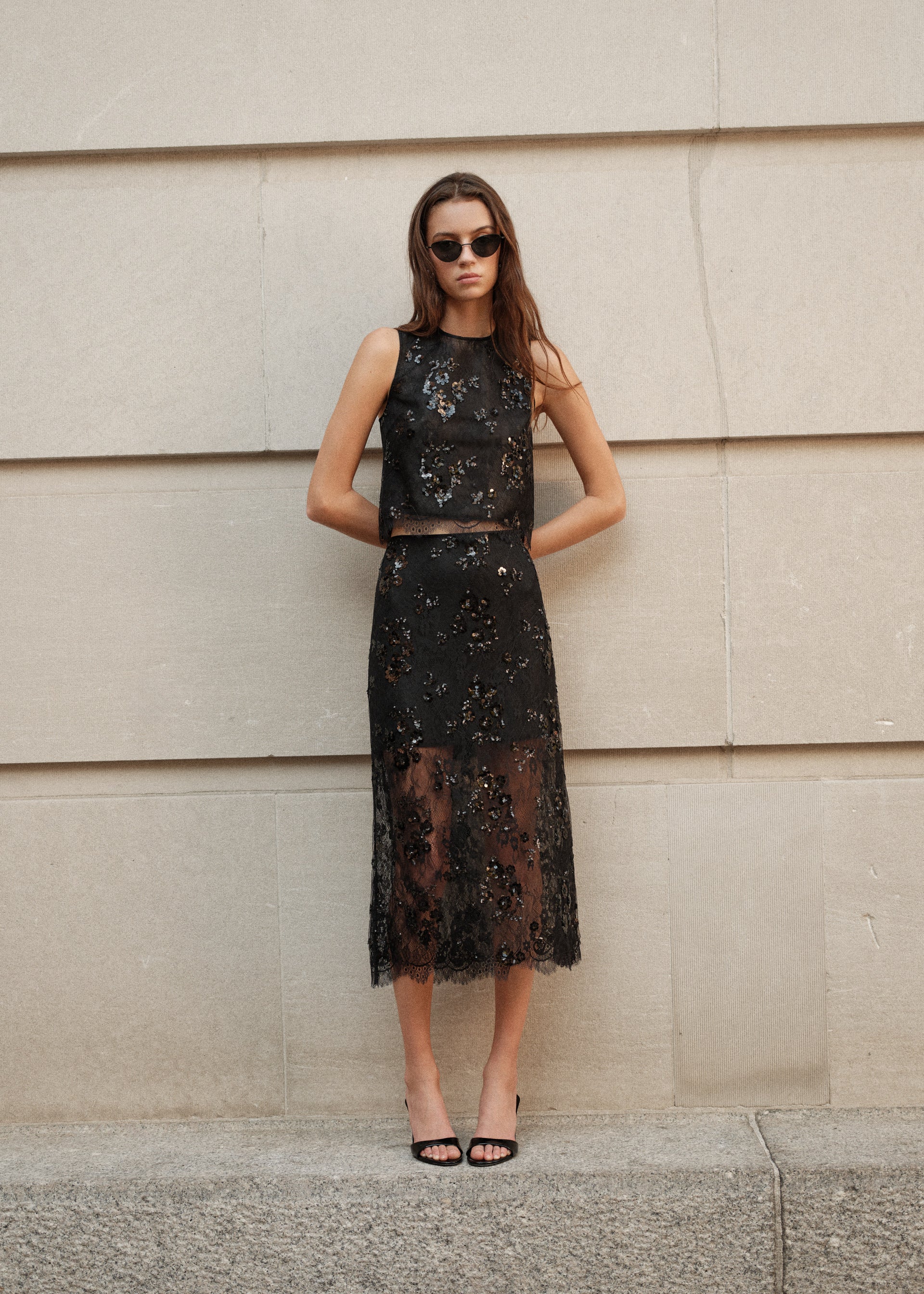 Aylin Sequin Lace Midi Skirt Black