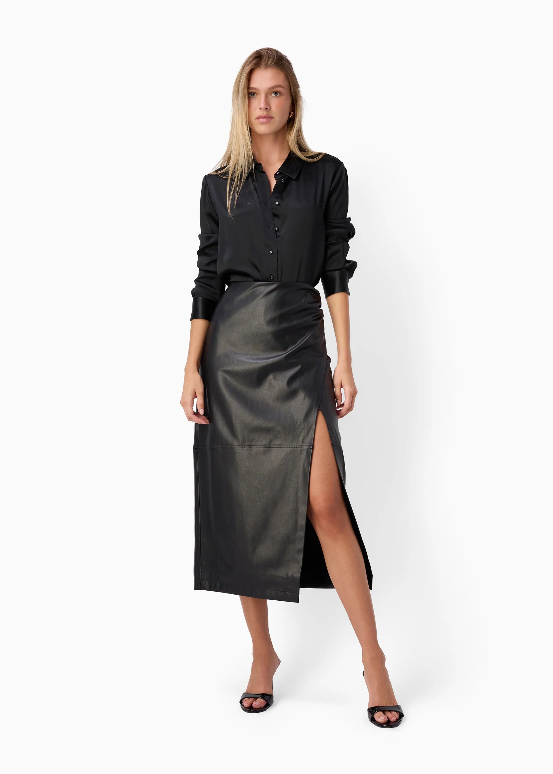 Lorena Vegan Leather Midi Skirt Black