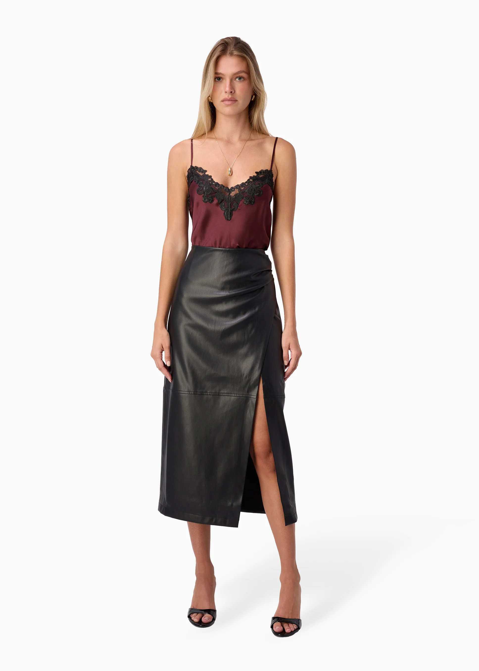 Lorena Vegan Leather Midi Skirt Black