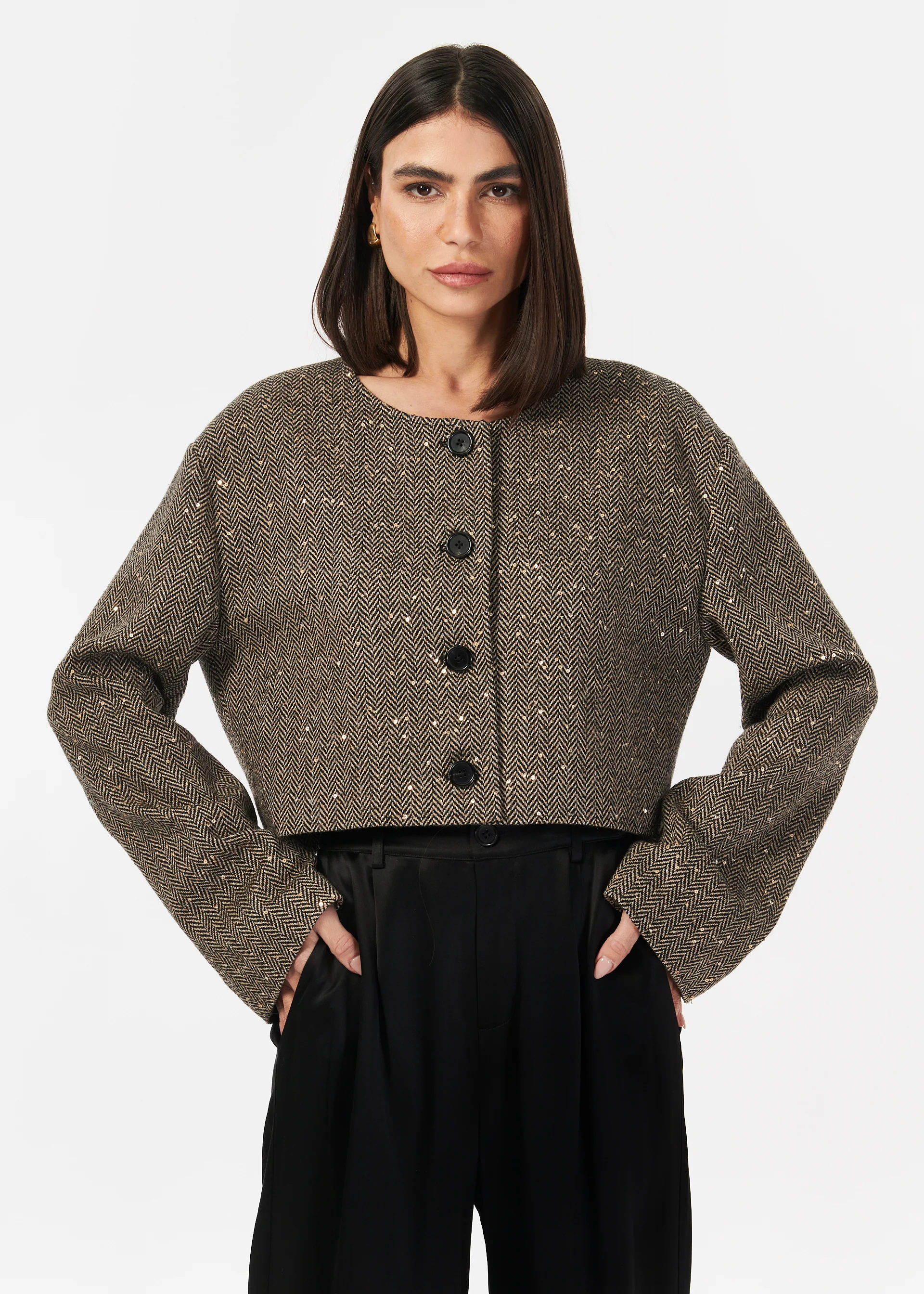 Serrano Sequin Tweed Cropped Jacket Black and Tan 3 Serrano Sequin Tweed Cropped Jacket Black and Tan