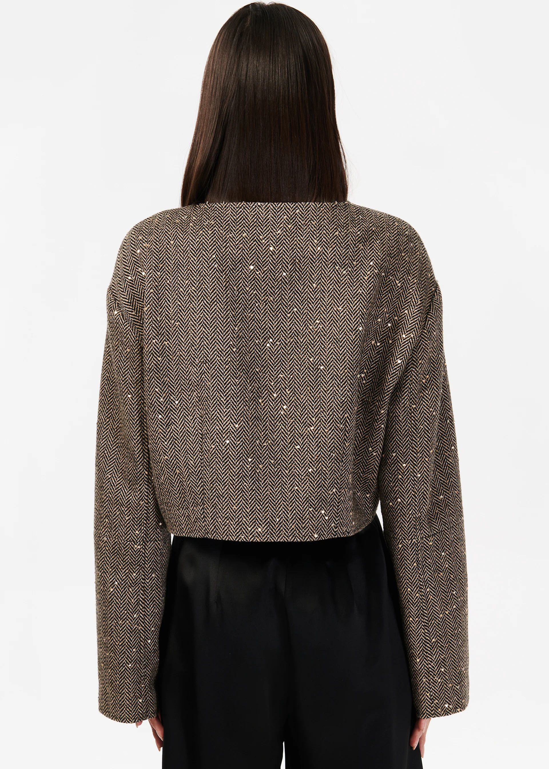 Serrano Sequin Tweed Cropped Jacket Black and Tan 4 Serrano Sequin Tweed Cropped Jacket Black and Tan
