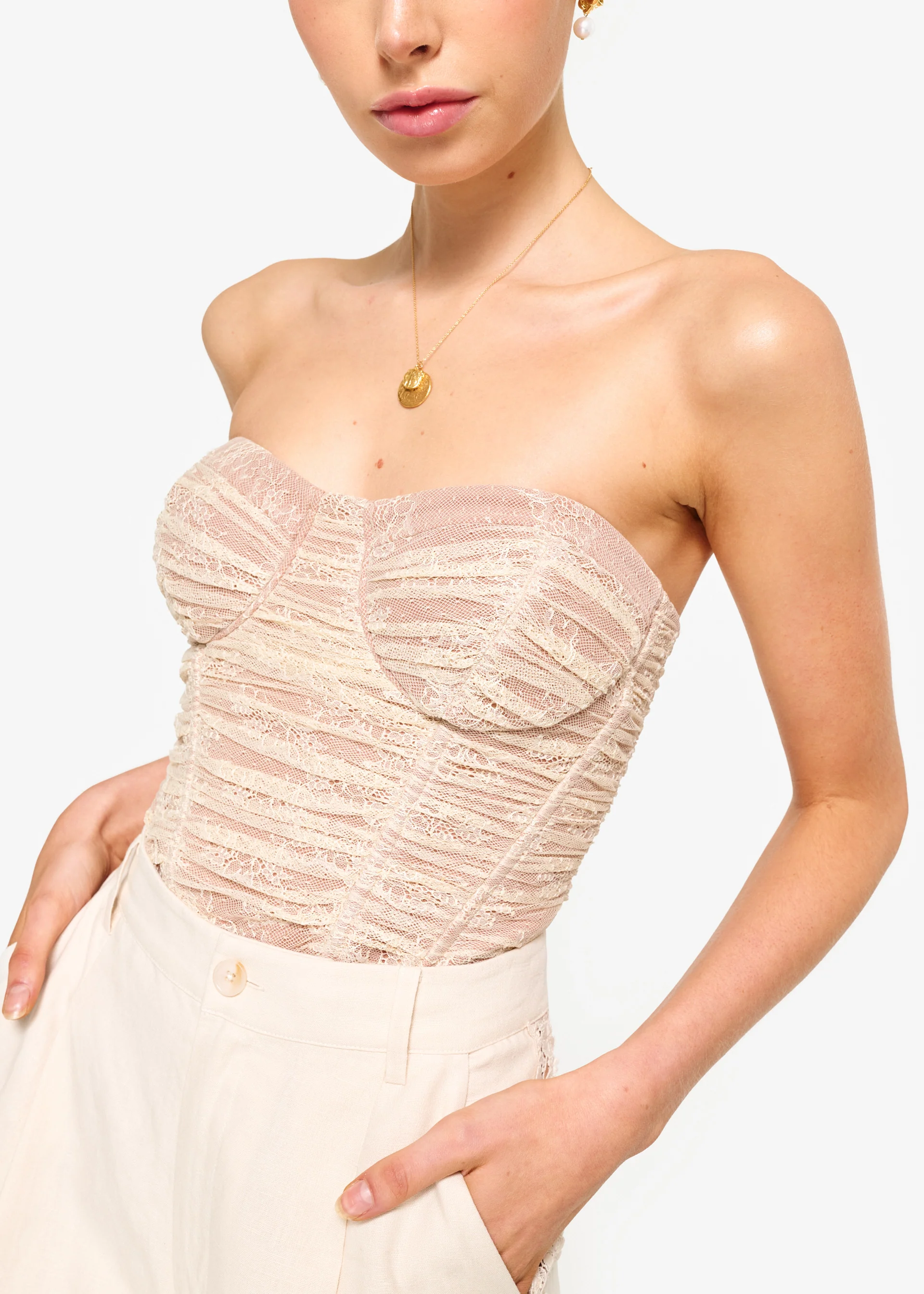 Rozana Strapless Lace Corset Bodysuit Bone