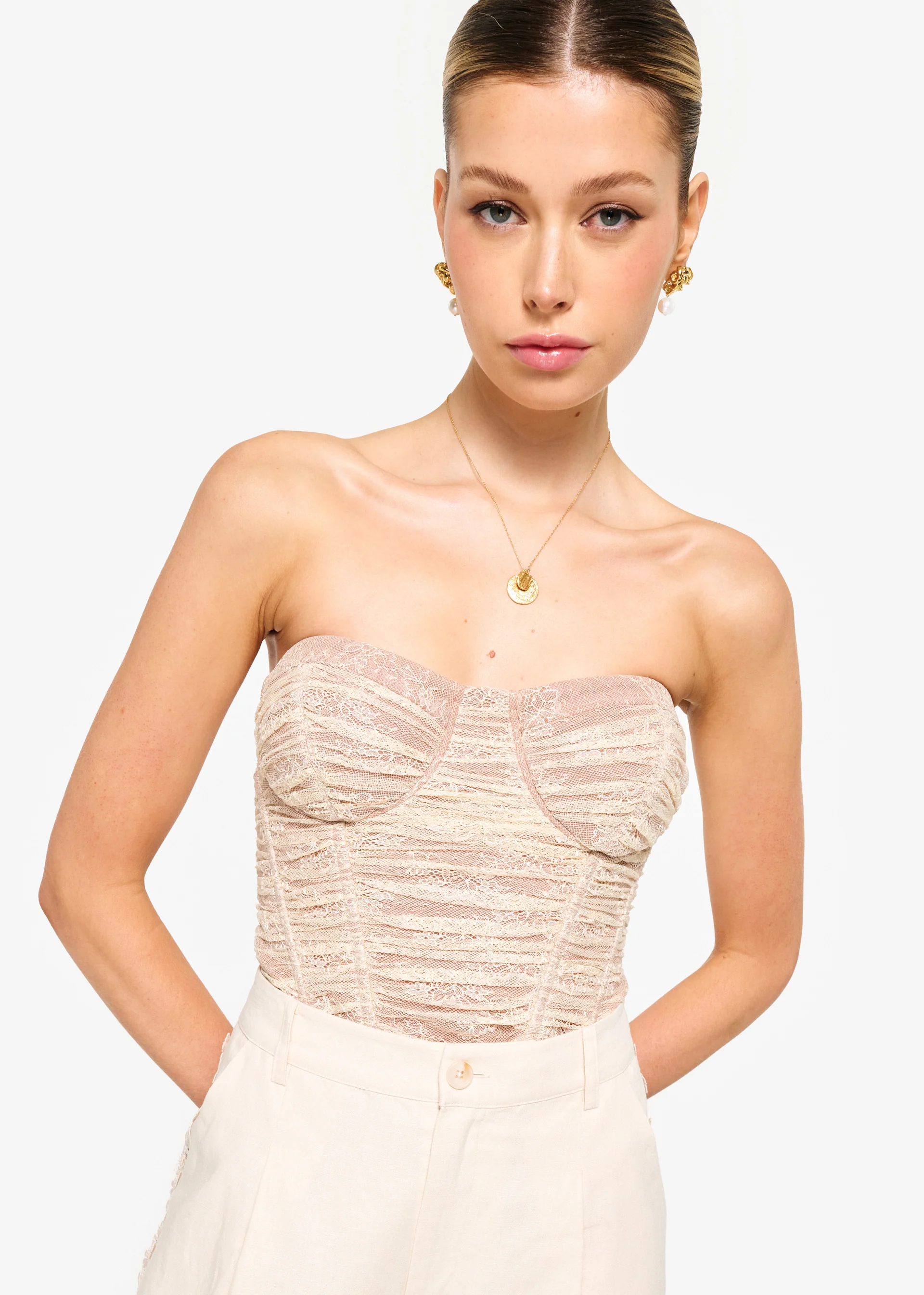 Rozana Strapless Lace Corset Bodysuit Bone 3 Rozana Strapless Lace Corset Bodysuit Bone