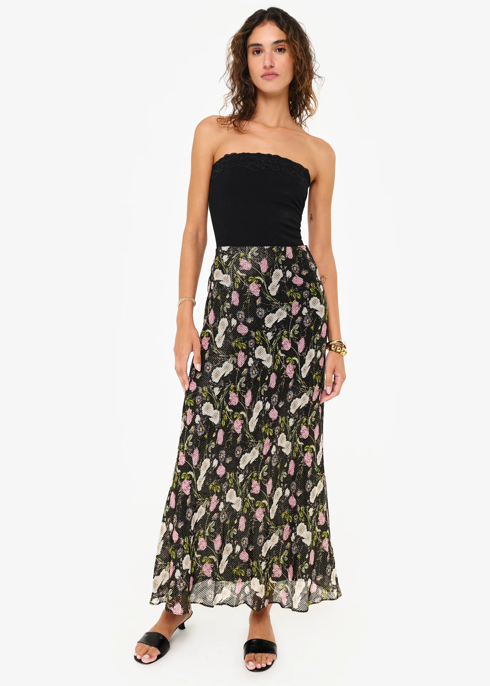 Jayna Mid Rise Metallic Chiffon Skirt Midnight Gardens 4 Jayna Mid Rise Metallic Chiffon Skirt Midnight Gardens